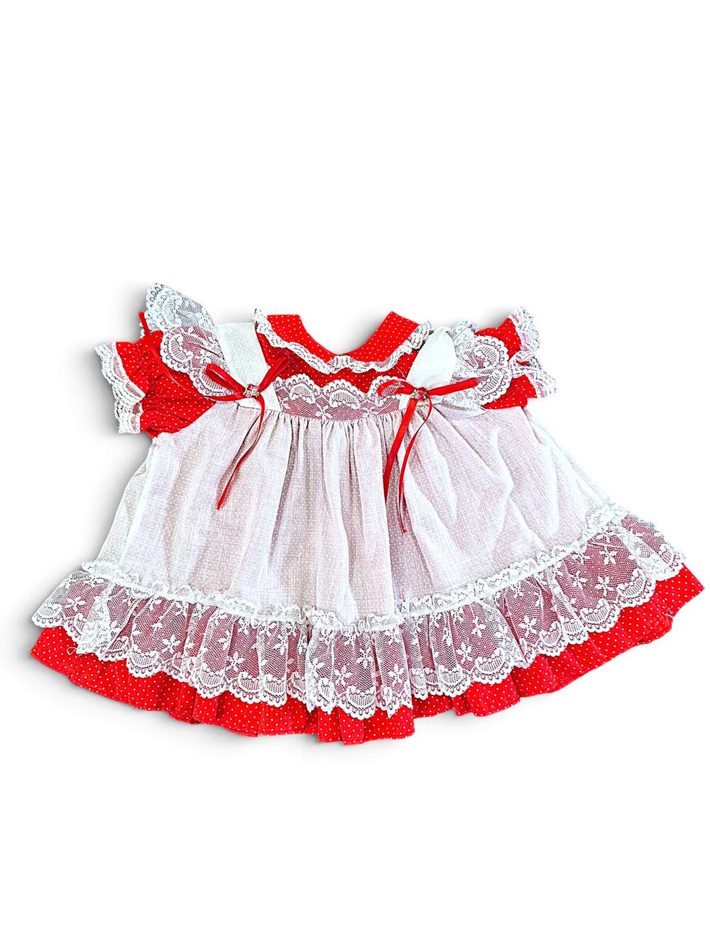 Vintage Haddad Brothers Heirloom Baby Dress | Red & White Lace | 3–6 Months